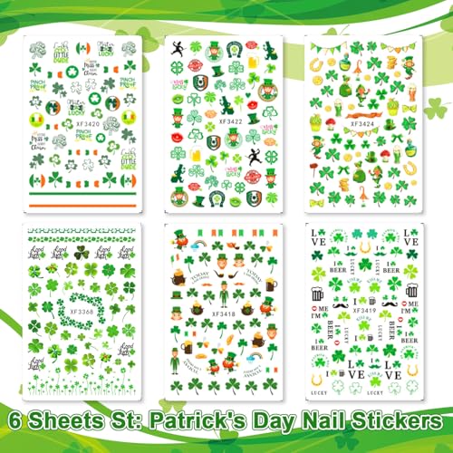 St. Patrick's Day Nail Art Stickers - 6PCS Shamrock & Clover Self-Adhesive Decals