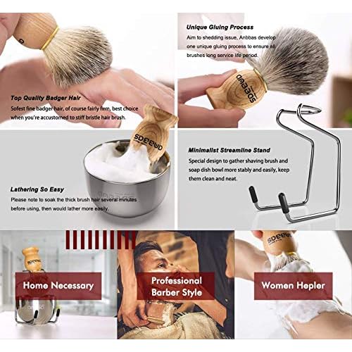 Anbbas 4in1 Badger Hair Shaving Brush Set, with Goat Milk Soap Refill,Stainless Steel Stand Holder and Soap Bowl,Perfect for Men Gift Baber Style Wet Shave