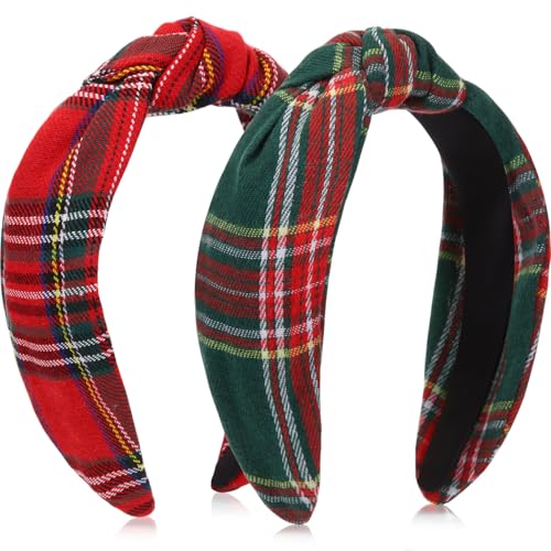 Yilloog 2 Pack Christmas Buffalo Headbands Women Knotted Twist Hair Accessories Red Green Checkered