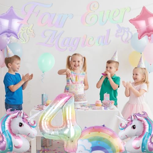 Unicorn 4th Birthday Decorations Kit with Foil Balloons & Banner