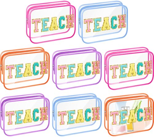 8 Pcs Clear Teach Makeup Bags with Chenille Letter Accents - Multicolor