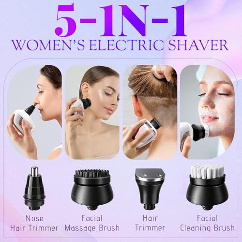 Electric Razors for Women Legs: 5-in-1 Electric Shaver with 7D Head - IPX6 Waterproof Wet Dry Hair Remover with LED Display & Travel Lock for Face Bikini (Light Pink)