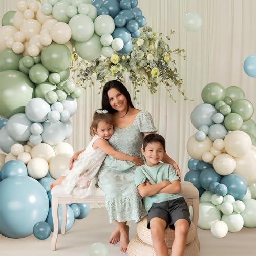 Dusty Blue & Sage Green Balloon Arch Kit - 124Pcs for Baby Showers & Parties