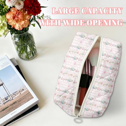 Quilted Floral Makeup Bag - Pink Cotton Cosmetic Pouch for Women