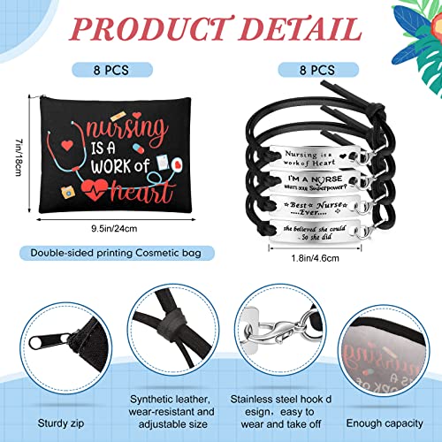 Stylish Nurse Appreciation Gifts Set - 8 Makeup Bags & 8 Bracelets for Nurses, Graduation, Nursing Week