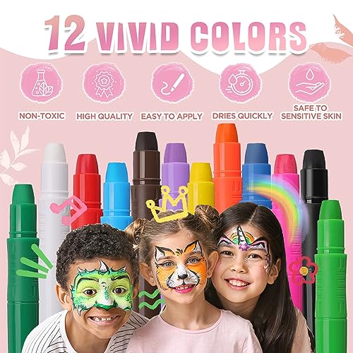 Kids Face Painting Kit - 12 Water-Based Colors, Washable Body & Face Paint for Halloween & Parties