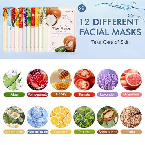 KONEUK 24 Pack Collagen Face Masks Skincare Set for Hydrating & Nourishing All Skin Types – Includes 12 Varieties