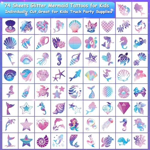 CHARLENT Glitter Mermaid Temporary Tattoos for Kids - 74 Sheets Party Decor