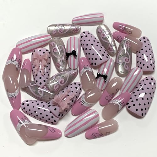 BABALAL CNF000 Reusable Medium Almond Press On Nails with Pink French Tips & Bling Charms