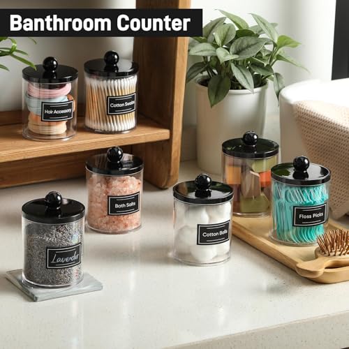 Acrylic Qtip Holder Dispenser Set - 2 Pack Clear Canisters with Labels