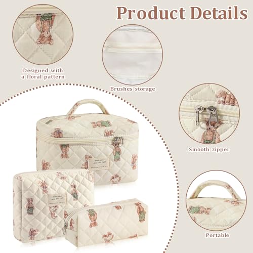 3 Pcs Floral Cotton Makeup Bag Set - Aesthetic Travel Organizer (Bear)