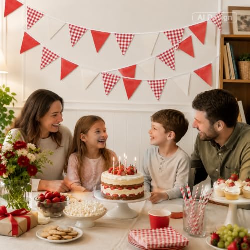 G2PLUS Red and White Gingham Bunting Banner - 32Ft Cotton Garland for Parties