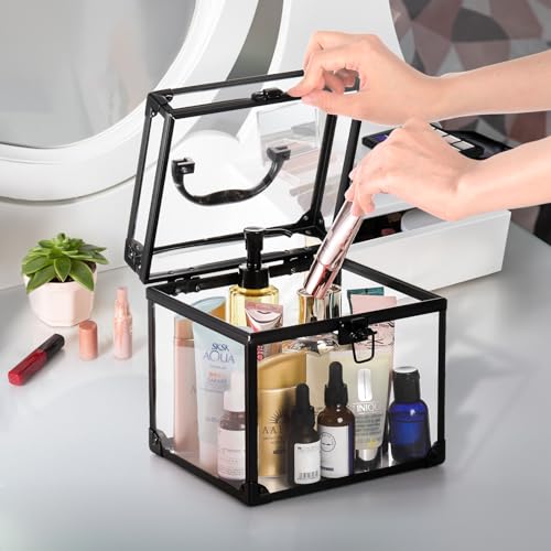 Okllen Clear Crown Makeup Organizer Case - Acrylic Cosmetic Storage Box with Handle