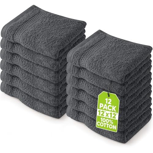 Utopia Towels 12 Pack Premium Wash Cloths Set, 12 by 12 Inches, 100% Cotton Ring Spun, Highly Absorbent and Soft Feel Essential Washcloths for Bathroom, Spa, Gym, and Face, Grey