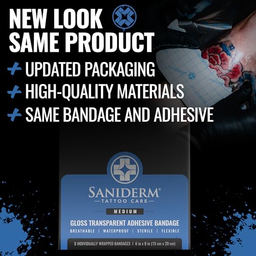 Saniderm Tattoo Aftercare Bandage 3 Sheets (Medium Pack, 6 in x 8 in) ? Convenient, Faster Tattoo Healing and Protection ? Sterile, Waterproof, and Latex-Free
