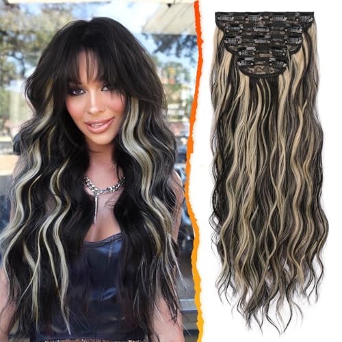 BARSDAR 20-Inch Wavy Clip-In Hair Extensions - Black & Blonde Highlights