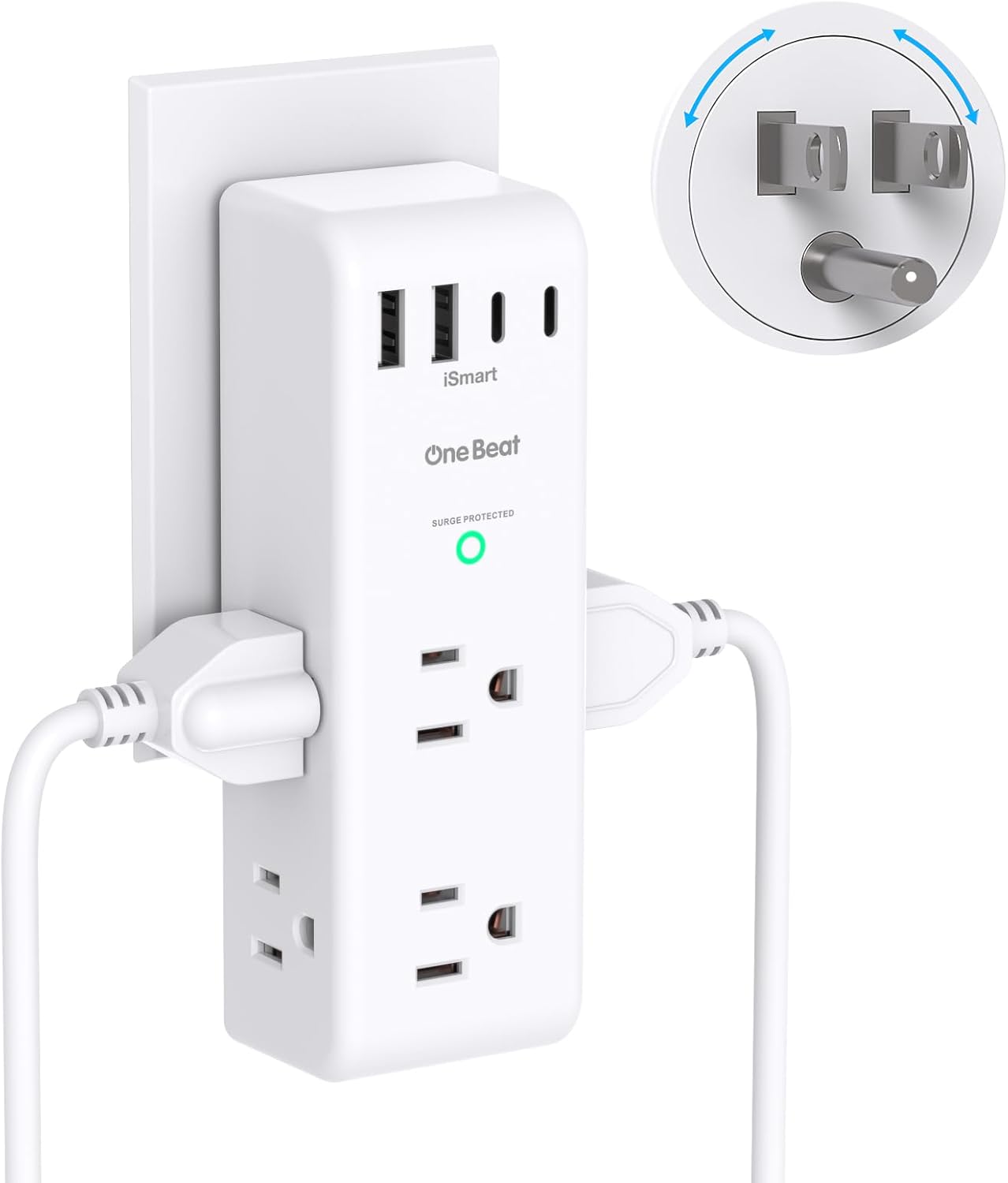 Surge Protector Outlet Extender - 6 AC Multi Plug with 4 USB Ports, Rotating Plug & 1800J Protection | Ideal for Home, Office & Travel