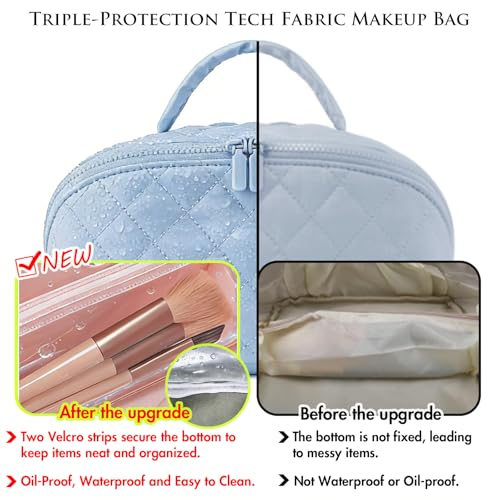 MINGRI Blue Quilted Makeup Bag Set - 180° Lay-Flat Design, 7 Compartments