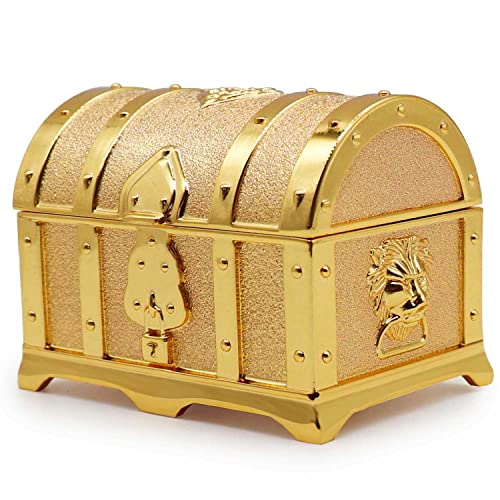 Vintage Metal Treasure Chest Jewelry Box - Small Gold Trinket Case