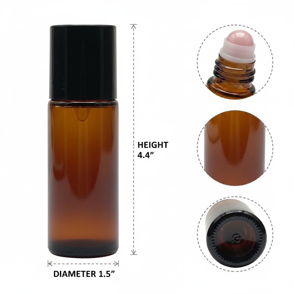 Cchenxxi 1.7oz Amber Glass Roll On Bottles with Jade Roller Balls | Leak-Resistant Design for Essential Oils, Perfume & DIY Deodorant | Refillable, Includes Funnel & Opener (Pink, 50, Milliliters)
