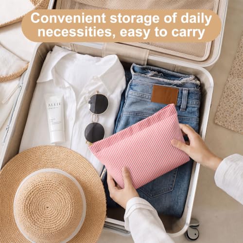 Coral Pink Seersucker Makeup Bag Set - 4 Pcs Travel Cosmetic Organizer