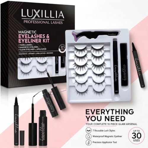 Luxillia Magnetic False Eyelashes & Applicator Kit - 7 Pairs with Clear Magnetic Liner