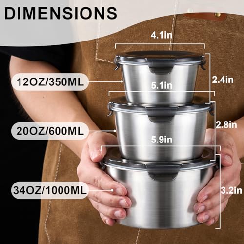 Baalaka Stainless Steel Food Storage Containers Set - 3-Piece Airtight with Lids (12, 20, 34 oz)