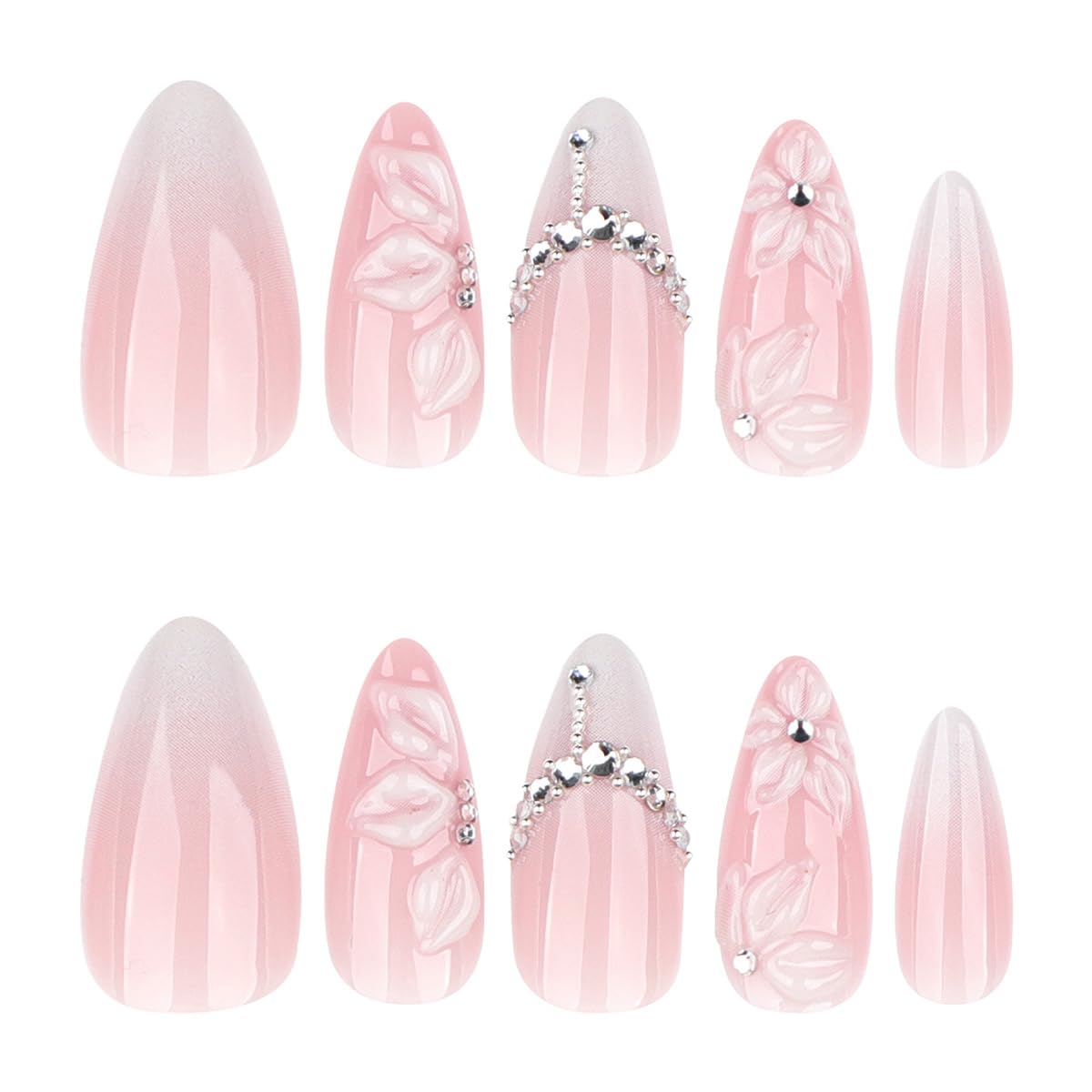 French Tip Press-On Nails - 24Pcs Medium Almond Design with Silver Rhinestones & 3D Flowers | Nude Pink Full Cover