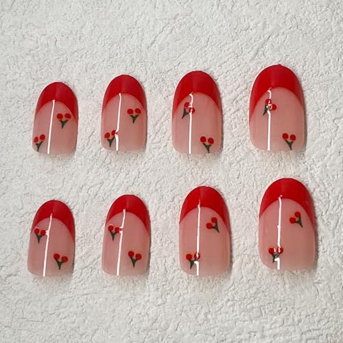 ROFIBUT Red French Tip Press-On Nails - Almond Short Fake Nails, 24 Pcs