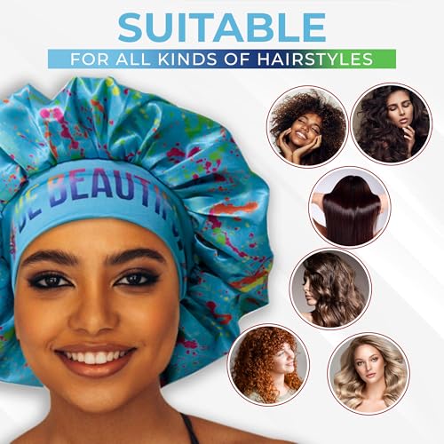 BE BEAUTIFUL EXTENSIONS Blue Reversible Double Layer Silk Satin Sleep Bonnet for Hair Protection