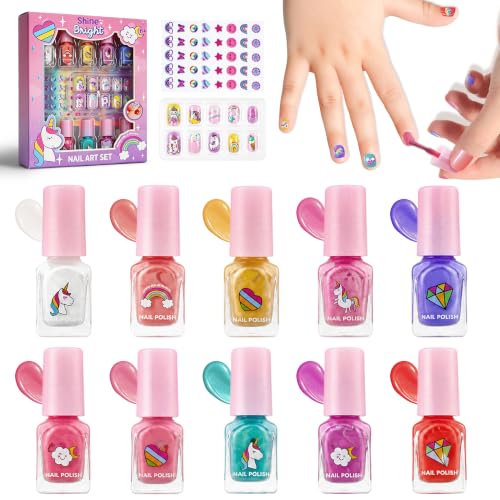 Kids Unicorn Nail Polish Kit - Water-Based Peel-Off Colors, Stickers & Press-On Nails