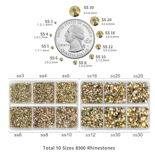 BEADSLAND Flatback Rhinestones - Metal Sunlight, 8300pcs Mixed 10 Sizes