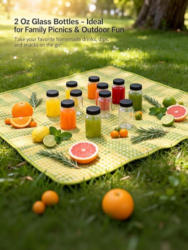 15-Pack 2 Oz Glass Juice Shot Bottles with Black Caps - BPA-Free & Leak-Proof