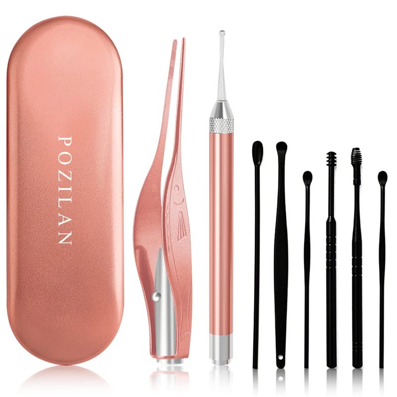 POZILAN Ear Picker Tweezers with LED Light - 8 Pack Ear Wax Removal Tool Cleaner Kit for Kids and Adults, Earwax Spoon Digger & Tweezers for Ear Cleaning Tool Gift Set