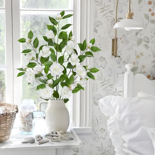 Realistic White Artificial Camellia Flowers - 3 Pcs Silk Stems
