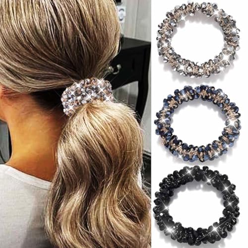 Fashey Rhinestone Hair Ties Scrunchies for Women - Silver, Black, Dark Blue