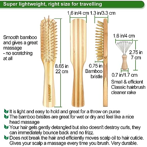 AMERWASH PLUS Bamboo Hair Brush with Cleaning Tool Set, Small Paddle Detangling Brush for Women & Men, Helps Hair Growth & Shine
