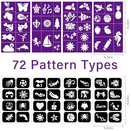 Temporary Tattoo Kit with 10 Markers & 72 Stencils - Safe & Easy Use
