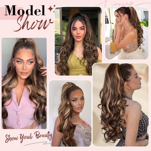 24 Inch Chestnut Brown with Golden Claw Clip Ponytail Extension - Long Curly Wavy Hairpiece
