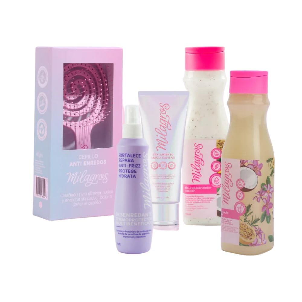Milagro Anti-Frizz Kit (5 Pack) - Shampoo, Biorepolarizador, Termoprotector Anti-Frizz & Anti-Tangle Brush