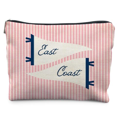 Pink Striped Makeup Bag for Women - Coastal Cosmetic Pouch