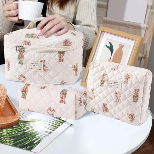 3 Pcs Floral Cotton Makeup Bag Set - Aesthetic Travel Organizer (Bear)