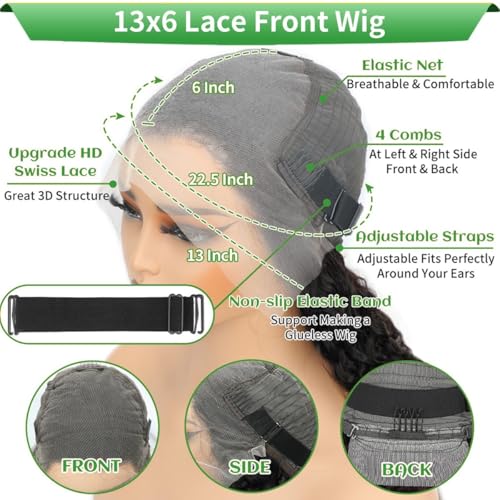24 Inch 200 Density Deep Wave Lace Front Wigs Human Hair 13x6 HD Lace Front Wigs Human Hair Pre Plucked Brazilian Virgin Curly Human Wig Wet and Wavy Lace Frontal Wigs Natura Black Deep Wave Wig