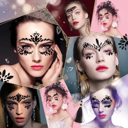 Kotbs Black Rhinestone Face Gems - 6-Pack Self-Adhesive Festival Jewels