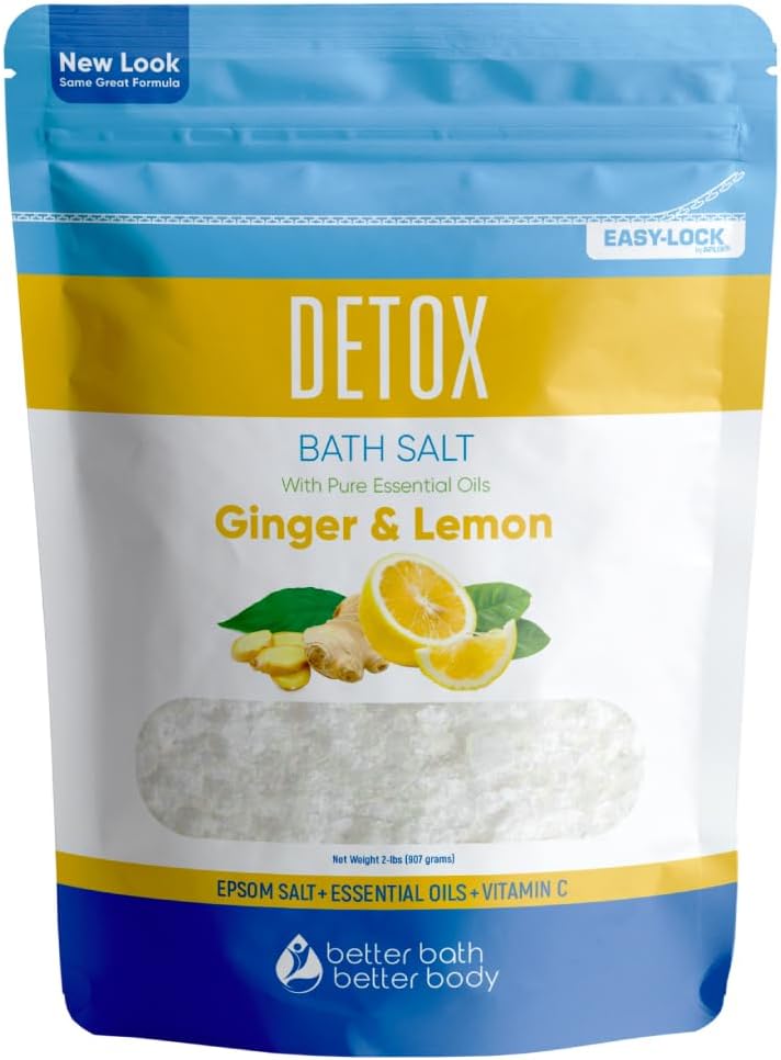 Detox Bath Salt - 32 Ounces Epsom Salt with Ginger & Lemon Oils | Vitamin C Infused, BPA-Free Pouch