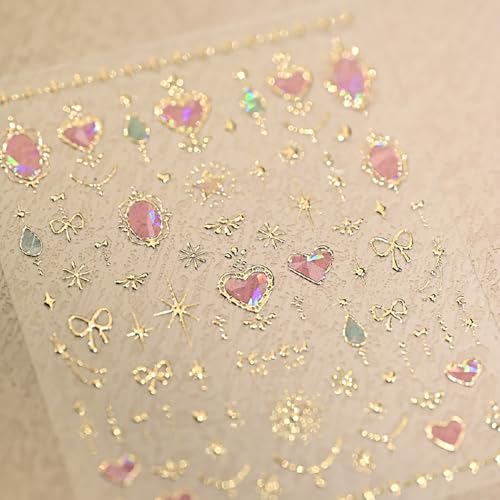 Rhspayh Valentines Nail Stickers02 Pink Heart 5D Embossed Self-Adhesive Nail Art Decals with Gold Bow Star