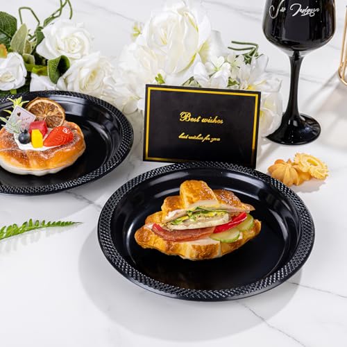 WELLIFE 7 Inch Black Plastic Plates - 50 Count Disposable Dinner Plates