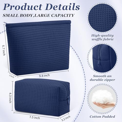 Navy Blue Waffle Makeup Bag Set - 2 Pcs Cosmetic Pouch