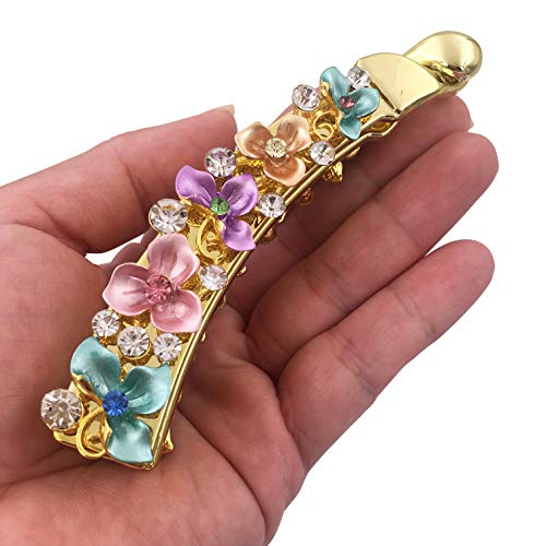 Lizzie Kay Floral Rhinestone Banana Hair Clips Set for Women - Long, Glam Ponytail Holders