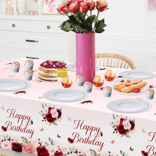 Burgundy Floral Tablecloths - 3 Pack 108x54 inch for Birthday Parties